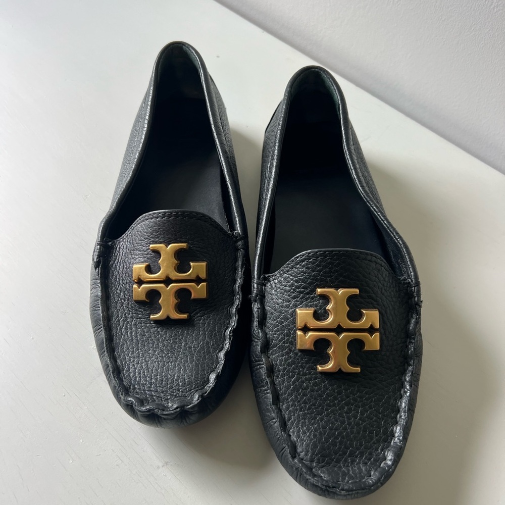 Tory Burch Black Leather Loafers with Gold Logo